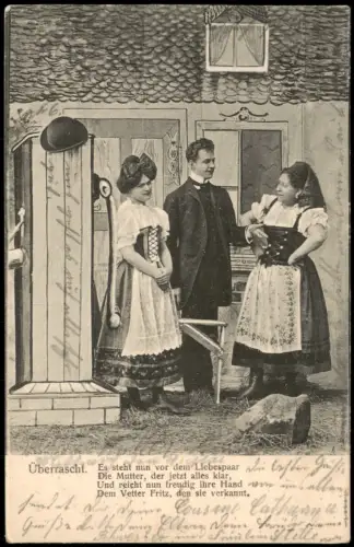 Genre-Szene 'Überrascht' - Liebespaar und Mutter in Tracht 1904