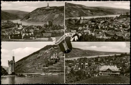 Bingen Rhein Mehrbildkarte mit Mäuseturm, Panorama und Ortsansichten 1955