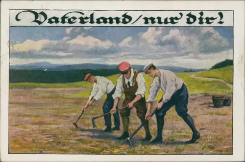 Patriotika Bauern auf dem Feld Künstlerkarte Kriegswirtschaft Dresden 1918