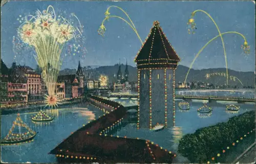 Ansichtskarte Luzern Lucerna Seenachtfest Illumination Feuerwerk 1915