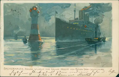 Bremerhaven Dampfer Kaiser Wilhelm passiert Roter Sand Künstlerkarte 1901