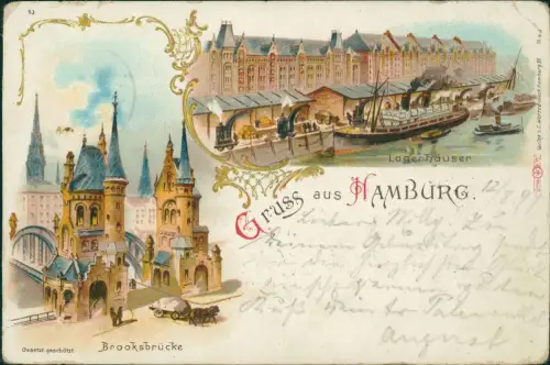 Ansichtskarte Litho AK Hamburg 2 Bild Lagerhäuser Brooksbrücke 1899