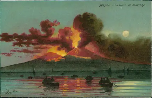 Neapel Napoli Vesuvio in eruzione. Mondschein Künstlerkarte 1914