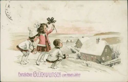 Neujahr Sylvester New Year Kinder vor der Stadt Künstlerkarte 1919