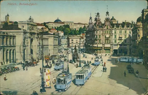 Ansichtskarte Zürich Bahnhofsplatz blaue Straßenbahn 1924