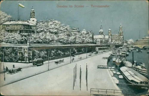 Ansichtskarte Dresden Terrassenufer im Winter Schnee Stimmungsbild 1912