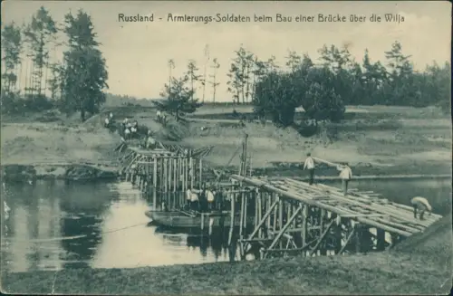 Postcard .Russland Soldaten Brücke über die Wilja WK1 1917  Feldpost