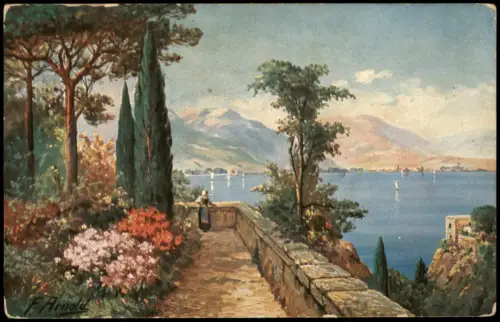 Südliche Seenlandschaft mit Zypressen und Terrasse, Künstlerkarte F. Arnold 1920