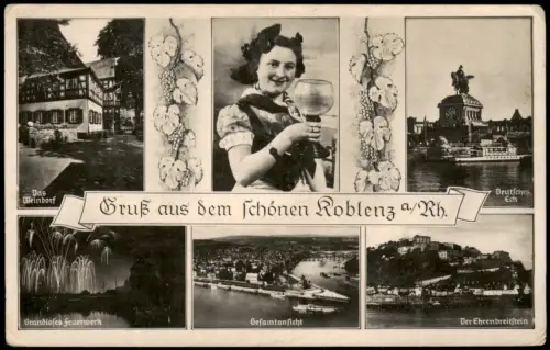 Koblenz Mehrbildkarte mit Weindorf, Deutsches Eck und Ehrenbreitstein 1938