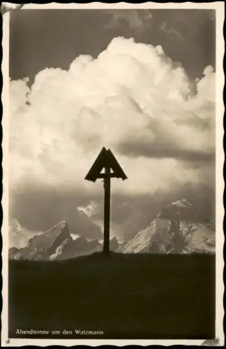 Ansichtskarte Berchtesgaden Abendsonne am Watzmann mit Gipfelkreuz 1950