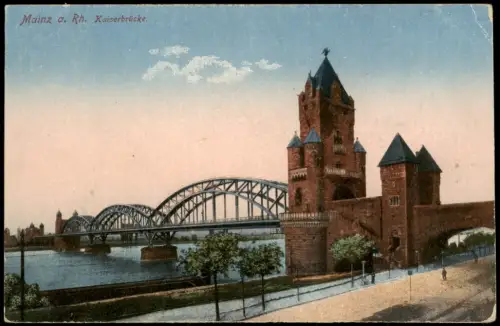 Ansichtskarte Mainz Kaiserbrücke mit Brückenturm 1918