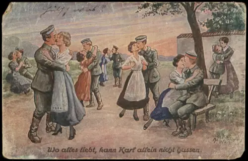 Ansichtskarte  Soldaten und Frauen beim Küssen und Tanzen 1917  Feldpost