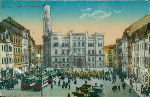 Ansichtskarte Zittau Marktplatz Straßenbahn Menschenmenge 1917