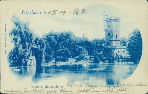 Ansichtskarte Frankfurt am Main Zoologischer Garten Weiher Turm Blaudruck 1899