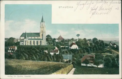 Ansichtskarte Staucha-Stauchitz Weg zur Stadt, Kirche 1905