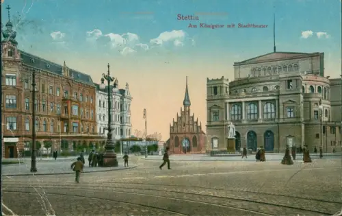 Stettin Szczecin Am Königstor mit Stadttheater Straßenszene 1920