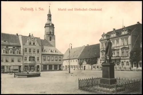 Ansichtskarte Pulsnitz Marktplatz Geschäfte 1910