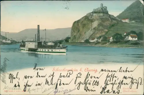 Schreckenstein Elbe Aussig  Ústí nad Labem Burg, Stadt, Elbe und Dampfer 1906