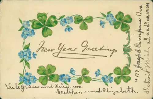 Neujahr Sylvester New Year Greetings Glücksklee Veilchen 1904 Goldprägung  USA