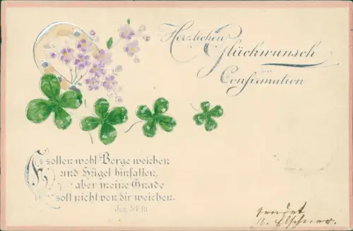 Glückwunsch Hufeisen Glücksklee Prägekarte mit Bibelvers 1907 Silberprägung