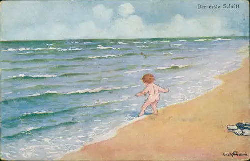 Ansichtskarte  Kinder Künstlerkarte Kind am Meer - Der erste Schritt 1914