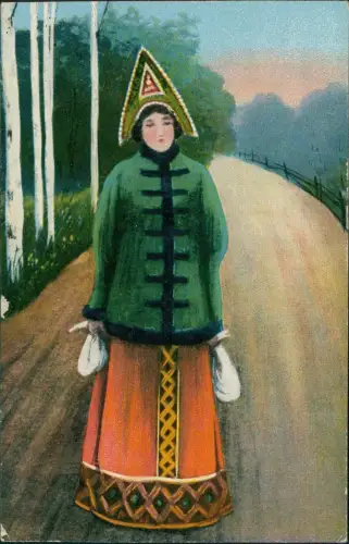 Postcard .Russland Typen russische Frau in Tracht 1917  gel. Feldpoststempel