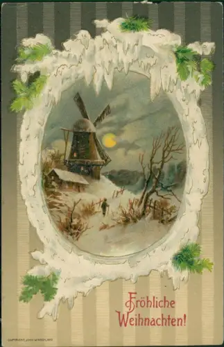 Weihnachten Christmas Windmühle Mondschein 1910 Prägekarte gel. USA