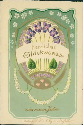 Neujahr Sylvester New Year Wappen mit Veilchen 1909 Goldprägung