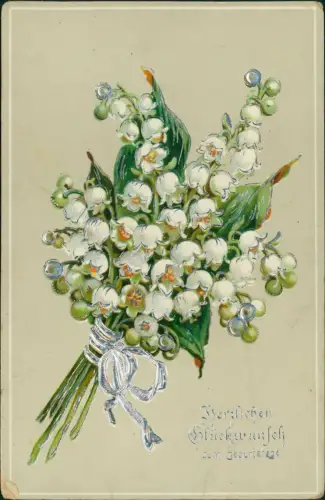 Ansichtskarte  Geburtstag Birthday Strauss Maiglöckchen 1914 Silberprägung