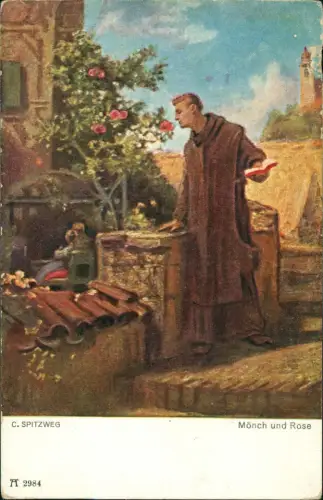 Ansichtskarte  Künstlerkarte Gemälde C. SPITZWEG Mönch und Rose 1918