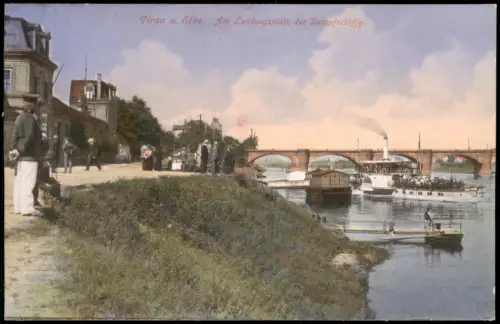 Ansichtskarte Pirna Am Landungsplatz der Dampfschiffe. 1912