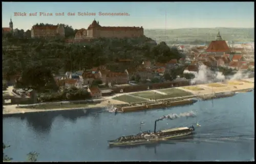Pirna Blick auf Stadt und das Schloss Sonnenstein. Elbdampfer 1912