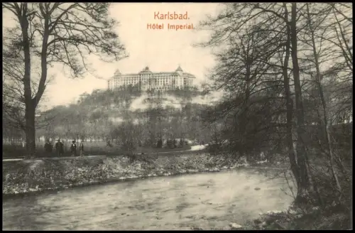 Karlsbad Karlovy Vary Flusspartie im Hintergrund Hotel Imperial 1912
