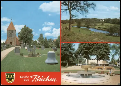 Büchen (b Lauenburg) Mehrbildkarte  3 Ortsansichten Kirche Springbrunnen 1990