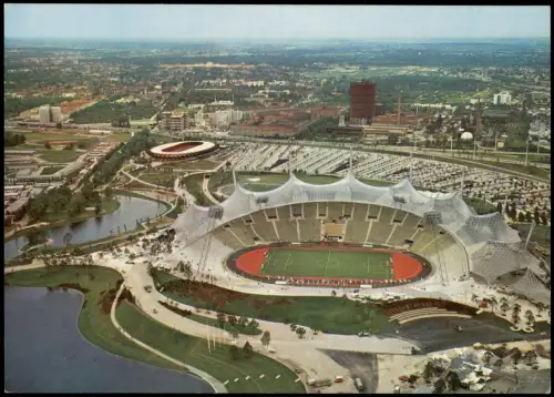 Ansichtskarte München Olympia-Stadion Olympiapark v. Flugzeug aus 1972