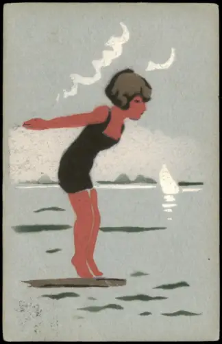 Ansichtskarte  Badende Frau auf dem Sprungbrett, Schwimmerin 1922
