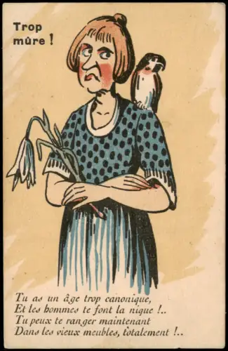 Humoristische Karikatur Frau mit Papagei, Thema: Frau zu alt für Männer 1920