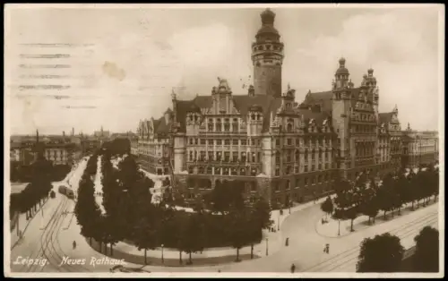 Ansichtskarte Leipzig Neues Rathaus mit Straßenbahn 1925