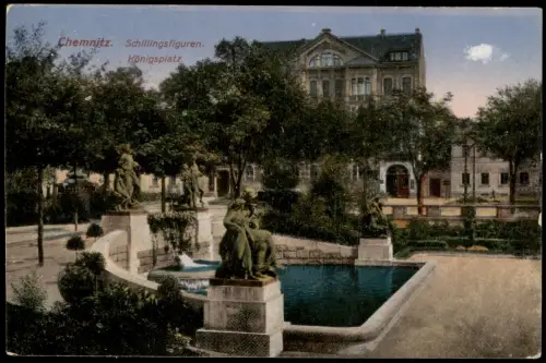 Ansichtskarte Chemnitz Schillingsfiguren am Königsplatz 1910