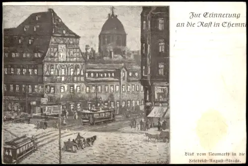 Chemnitz Zur Erinnerung an die Rast (Künstler-Ansicht mit Tram) 1915