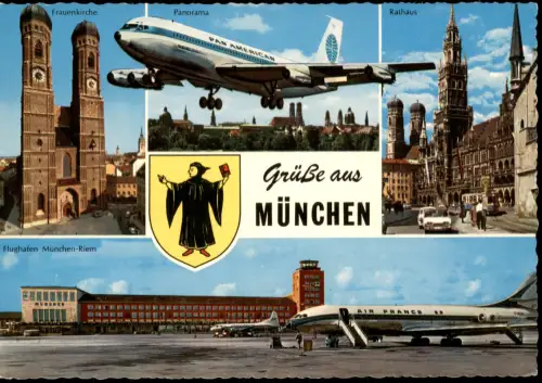 München Mehrbildkarte u.a. Flughafen RIEM, PanAm Flugzeug uvm. 1965