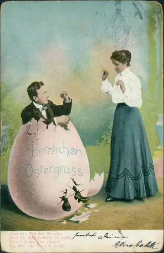 Ansichtskarte  Ostern Easter Mann im Osterei davor Frau 1912