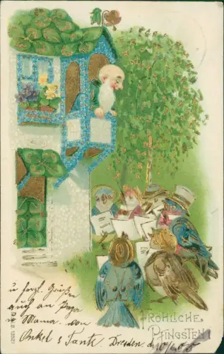 Pfingsten Pentecost Zwerg schaut aus Haus auf singende Spatzen 1906 Goldprägung