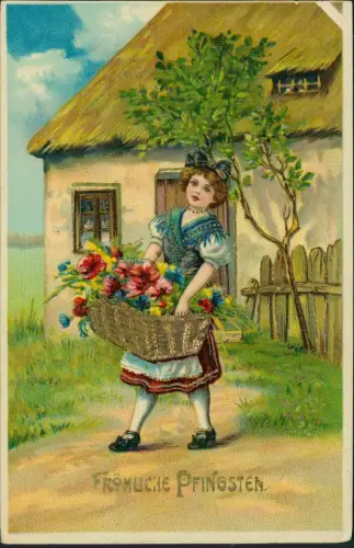 Pfingsten Pentecost Mädchen mit Gold-Korb voller Blumen 1912 Gold