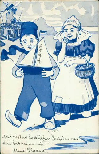 .Niederlande Typen Junge und Mädchen in Tracht Windmühle Blaudruck 1906