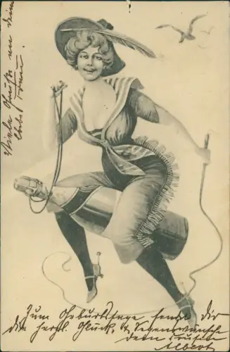 Ansichtskarte  Scherzkarte Humor Frau reitet auf fliegender Sektflasche 1903