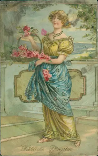 Frau im eleganten Kleid Rosen im Korb Künstlerkarte 1908 Prägekarte