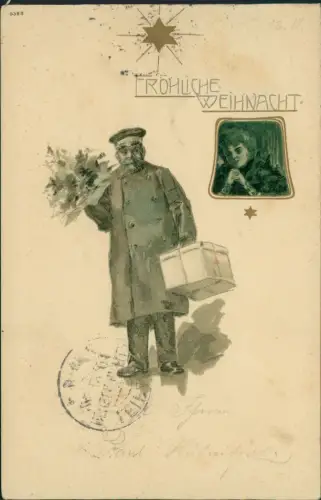 Weihnachten Christmas Postmann mit Paket Junge wartend Goldstern 1901