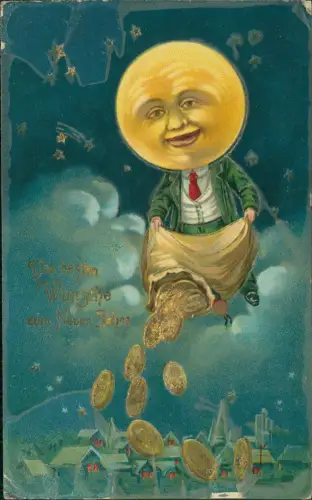 Neujahr Sylvester New Year der Mond als Mensch schüttet Goldstücke aus 1911 Gold
