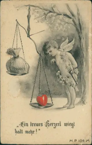 Ansichtskarte  Liebe Love Amor Engel wiegt Herz gegen Geld Künstlerkarte 1909